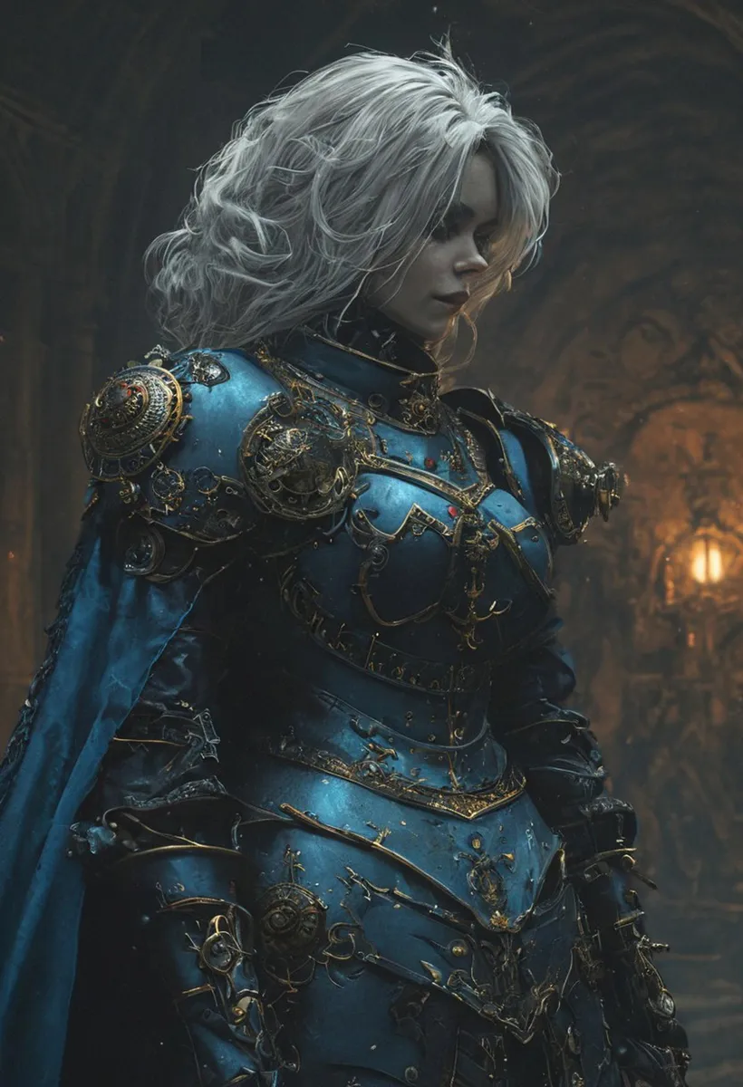 AI generated image of a medieval female knight in intricate blue armor using Stable Diffusion.