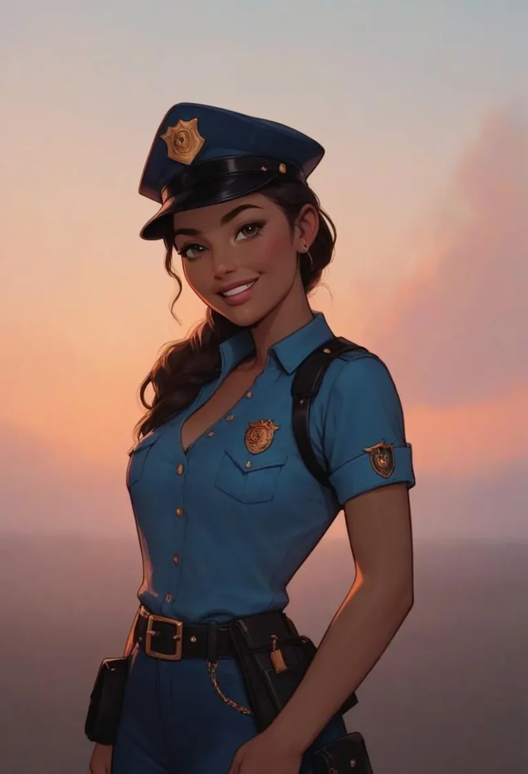 A smiling female police officer in a blue uniform, standing against a warm sunset backdrop. This is an AI-generated image using Stable Diffusion.