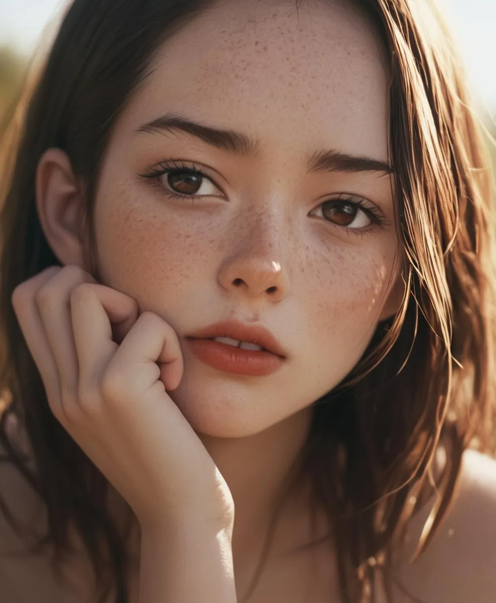 Young woman with delicate freckles on her face, created using AI and Stable Diffusion.