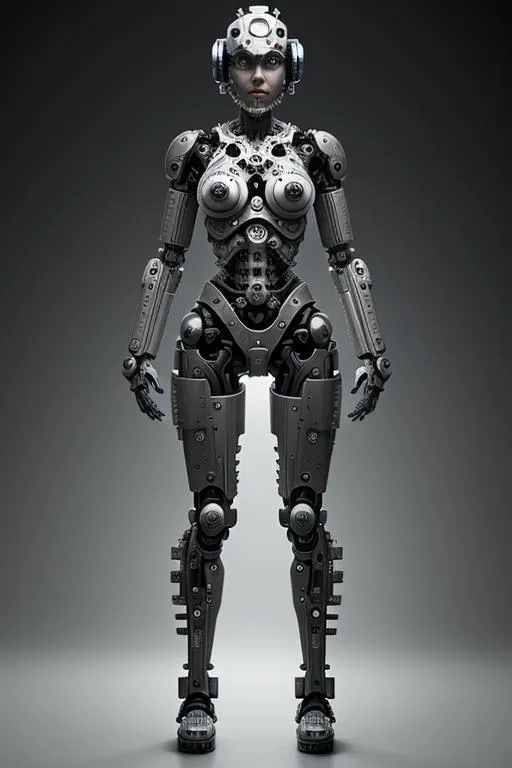A highly detailed, full-body view of a female robot cyborg with a futuristic design, created using Stable Diffusion AI.