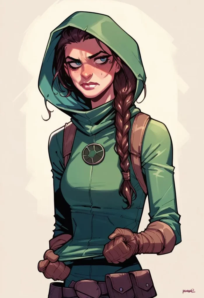 Illustration of a female rogue in a green hood, created using stable diffusion AI.