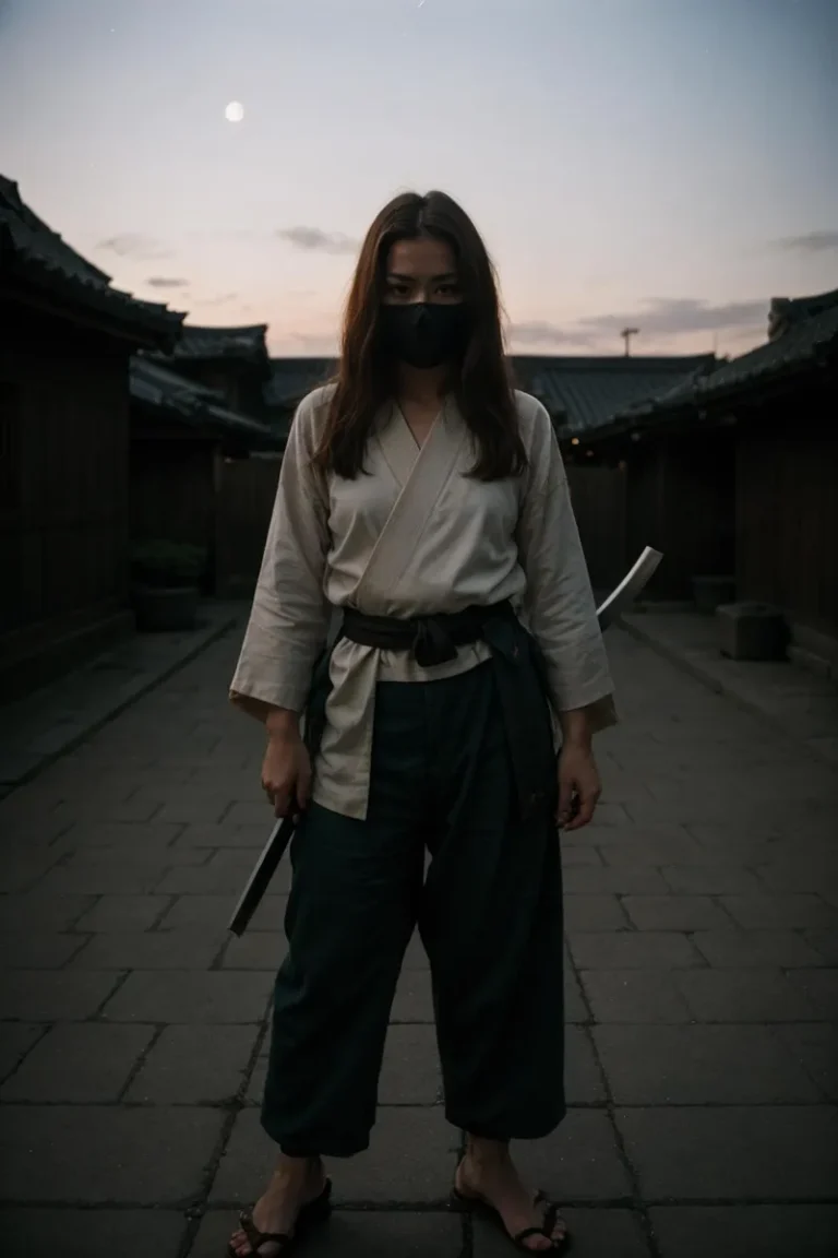 A female samurai warrior in traditional attire, holding a katana, standing in a dimly lit alley with traditional buildings.