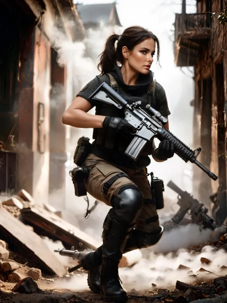 A female soldier holding a rifle in a smoky battlefield setting. This is an AI generated image using stable diffusion.