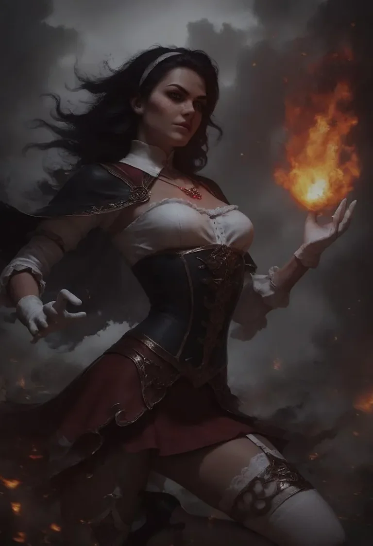 An AI generated image using Stable Diffusion depicting a female sorceress with long black hair, dressed in fantasy attire, holding a ball of fire in her hand against a cloudy, dark background.