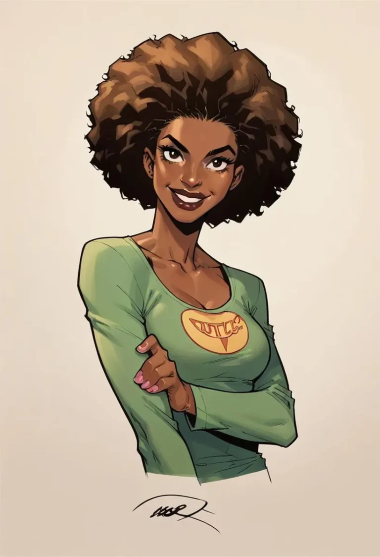AI generated image using stable diffusion showing a female superhero with an afro hairstyle, smiling, and dressed in a green outfit with a golden emblem.