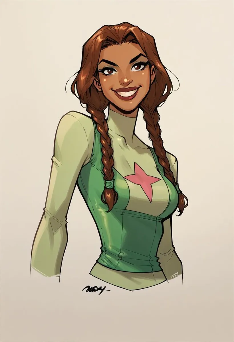 A female superhero with braided hair in green outfit, AI generated using Stable Diffusion.