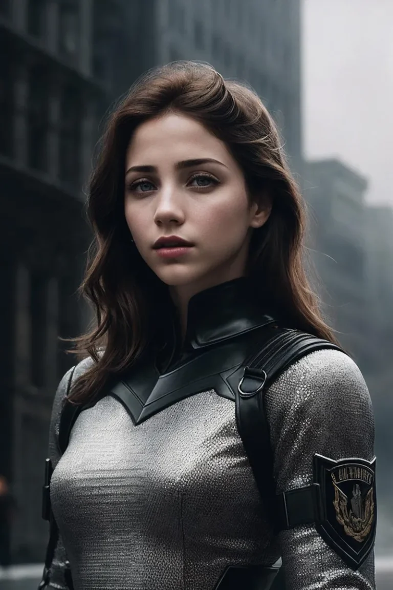A female superhero with brown hair and a determined expression wearing a silver and black suit, standing in a futuristic cityscape. This is an AI generated image using Stable Diffusion.