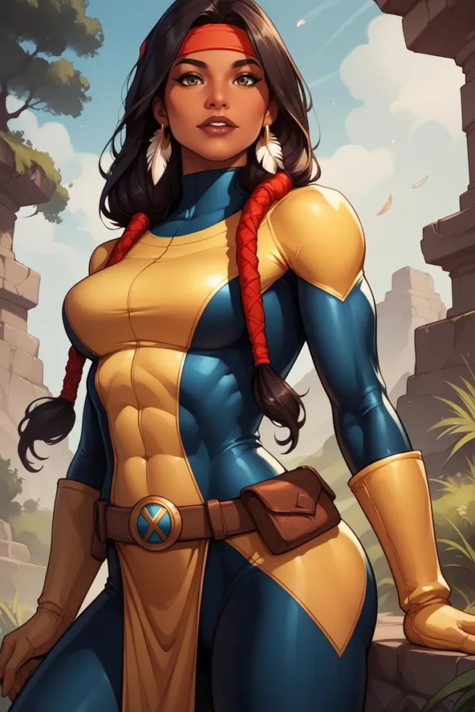 A female superhero in a blue and yellow suit with a red headband, standing confidently in front of a scenic background. This is an AI generated image using stable diffusion.