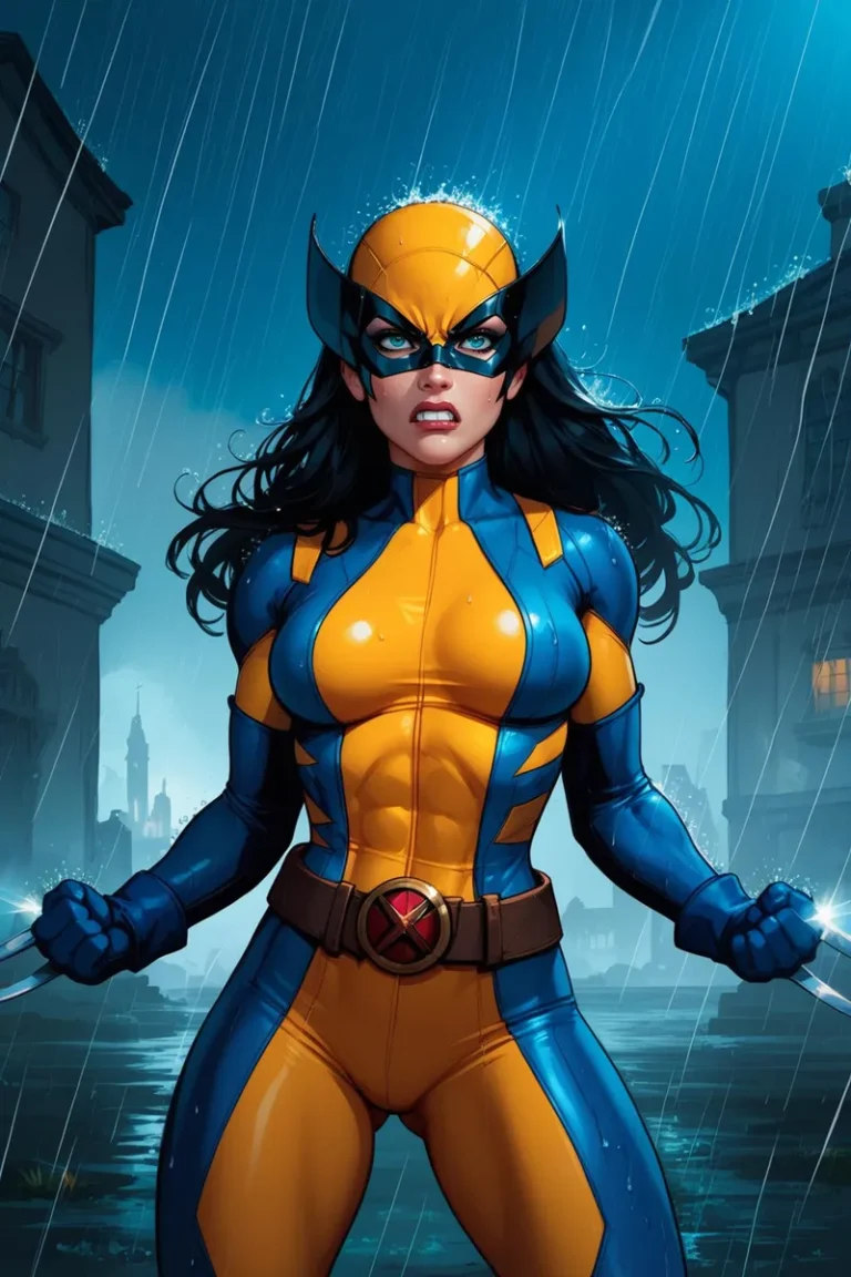 A female superhero in a blue and yellow costume, standing determined in the rain. AI generated image using stable diffusion.