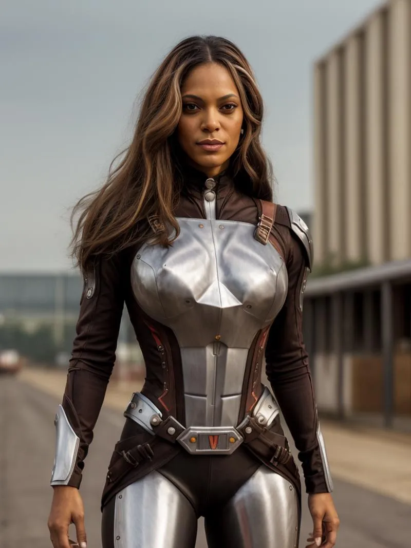 A woman in a futuristic silver and black armored superhero costume. AI generated image using Stable Diffusion.