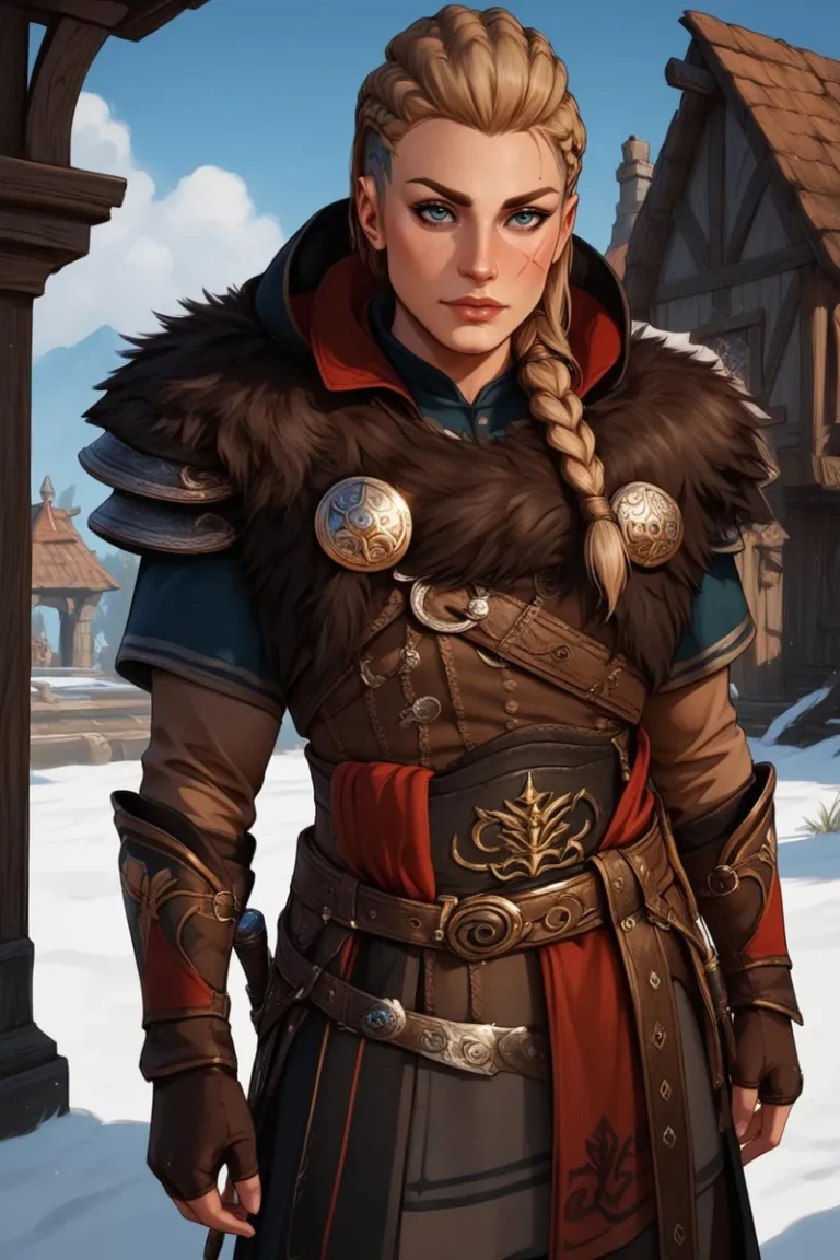 A detailed AI generated image using Stable Diffusion of a female Viking warrior with blond braided hair, wearing medieval armor and standing in a snowy village.