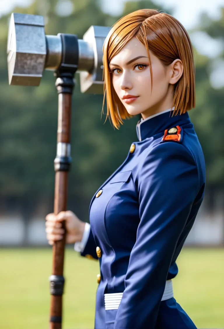 Anime style AI generated image of a female warrior in a blue uniform holding a large hammer using stable diffusion.