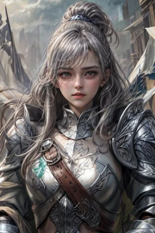 A digital art of a fantasy female warrior with long silver hair in detailed armor standing in front of a misty cityscape. AI generated image using Stable Diffusion.