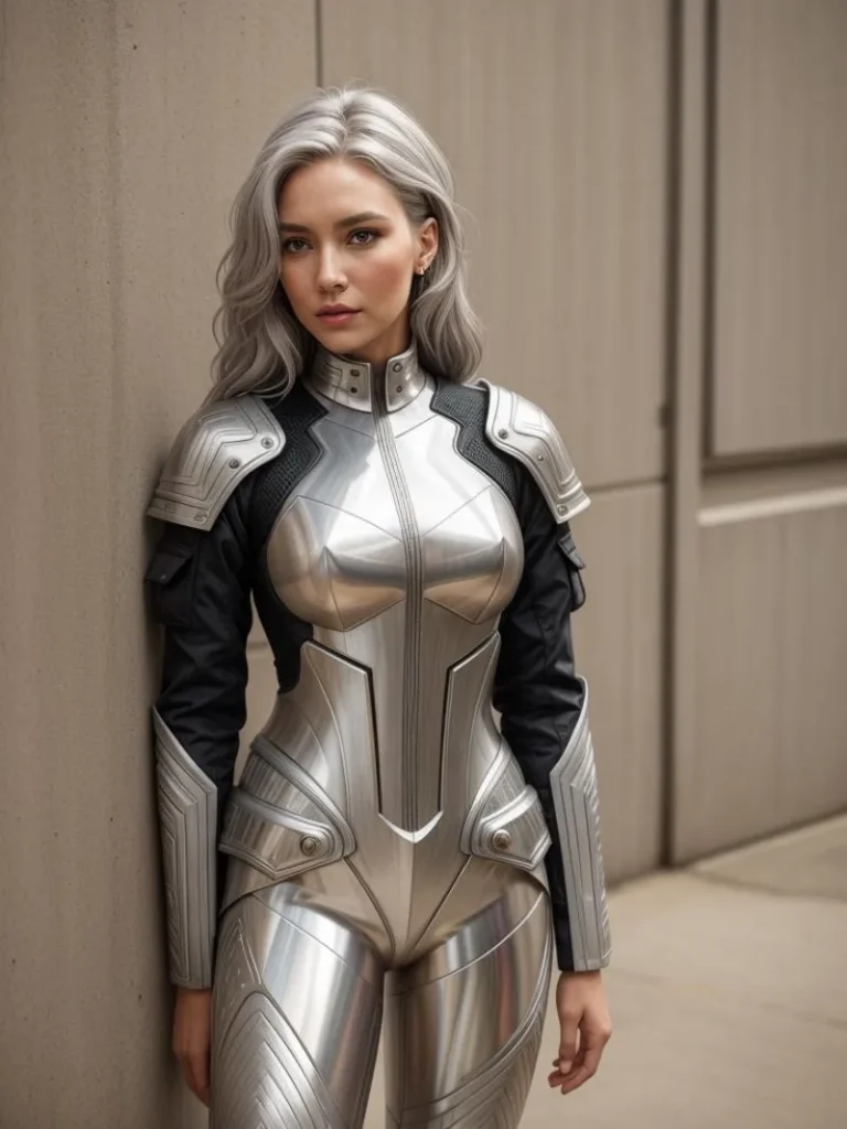 A female warrior in shining cybernetic armor with silver hair, leaning against a beige wall in a futuristic setting, created using stable diffusion.