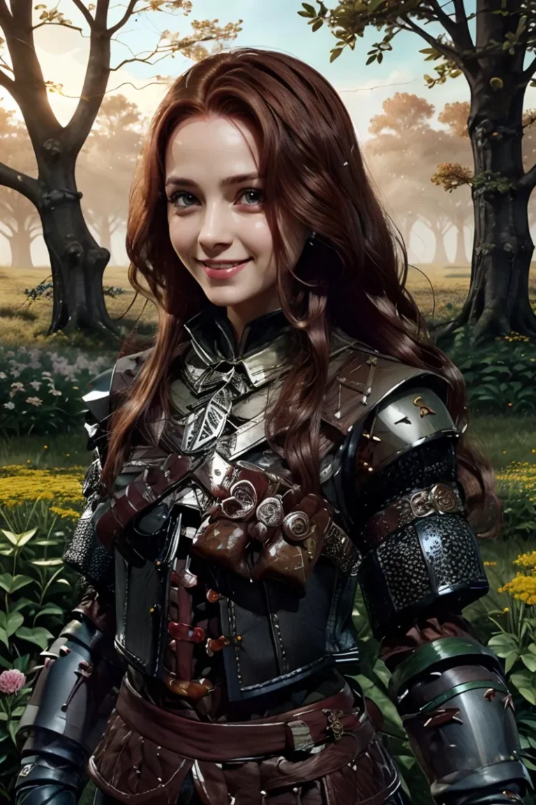 A female warrior with long brown hair smiling, dressed in intricate fantasy armor standing in a sunlit forest. AI generated using stable diffusion.
