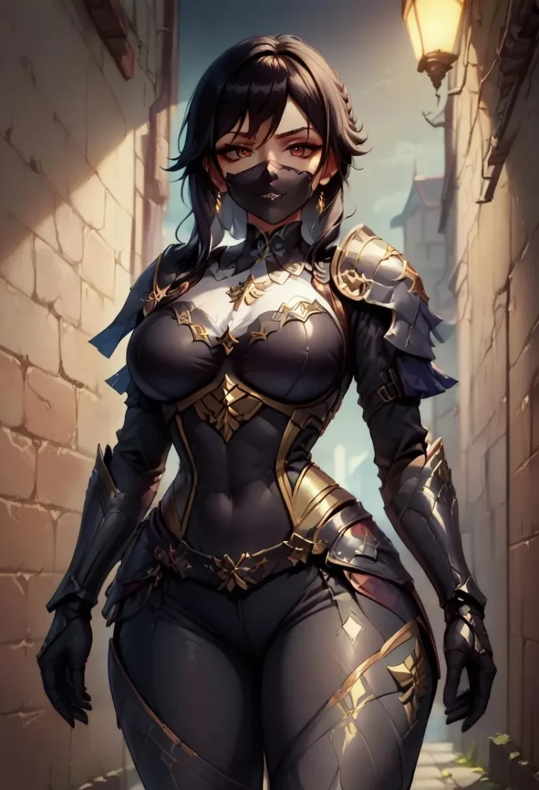 A female warrior dressed in intricate fantasy armor in an alleyway, generated using Stable Diffusion.
