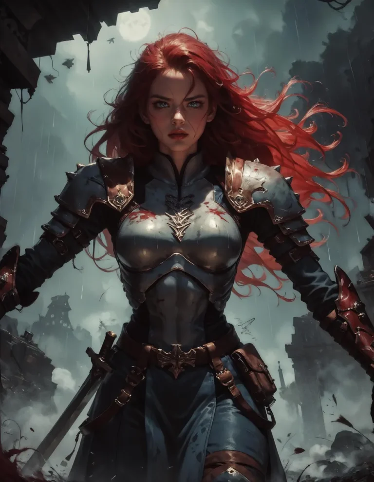 AI generated image using Stable Diffusion depicting a strong female warrior with red hair in battle armor, standing confidently amidst a war-torn landscape.