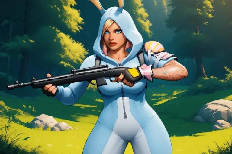 AI generated image using Stable Diffusion depicting a female warrior in a blue bunny costume holding a rifle, set in a sunlit forest.