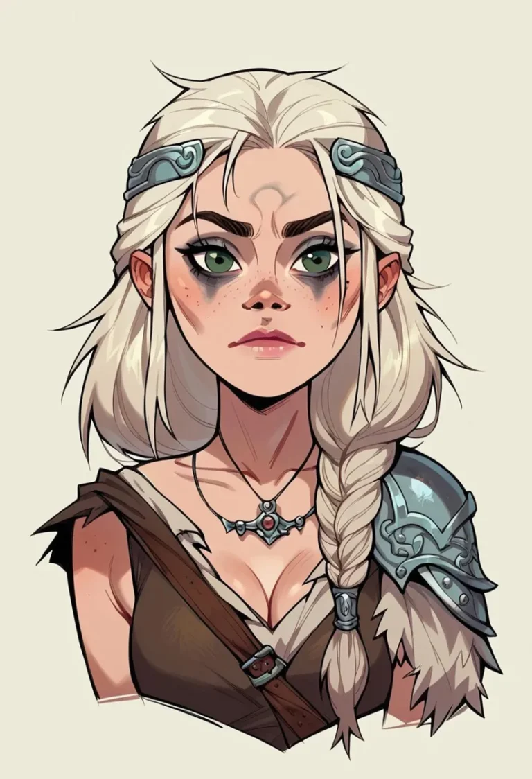 A detailed fantasy art depiction of a female warrior with white hair, green eyes, and armor, created using Stable Diffusion AI.