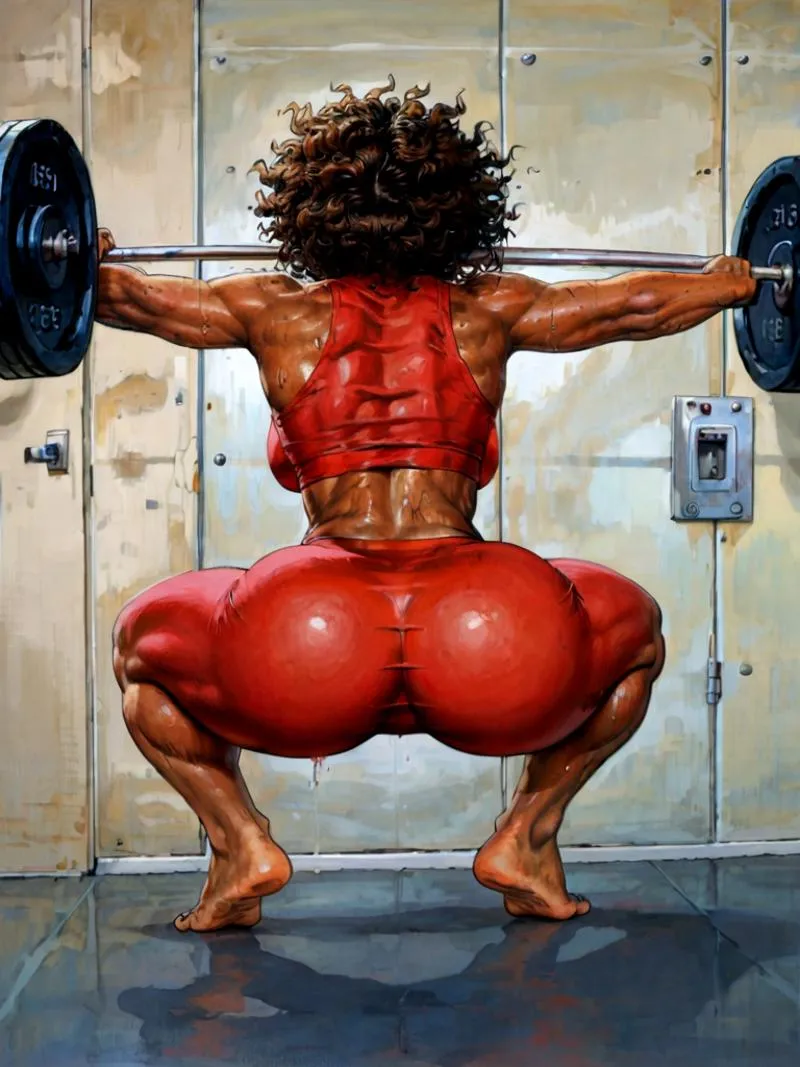 A female weightlifter doing squats in a gym, wearing red workout clothes. This is an AI generated image using stable diffusion.