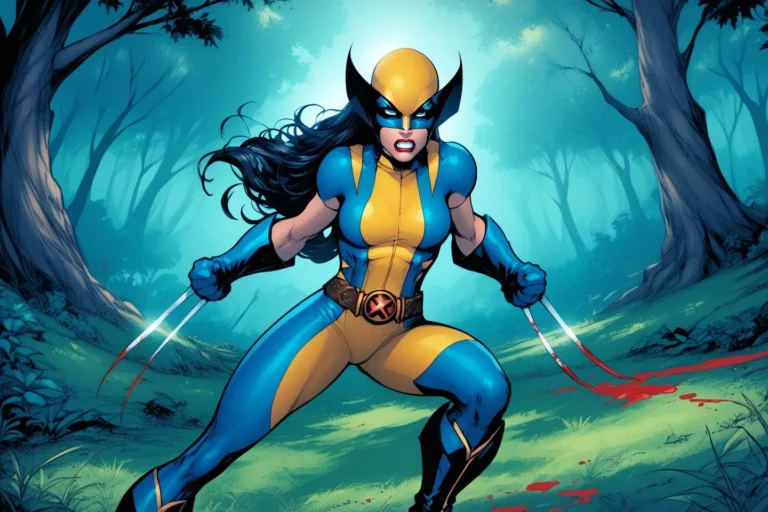 AI generated image of a female superhero in a Wolverine costume with claws extended, standing in a forest with a determined expression, using Stable Diffusion.