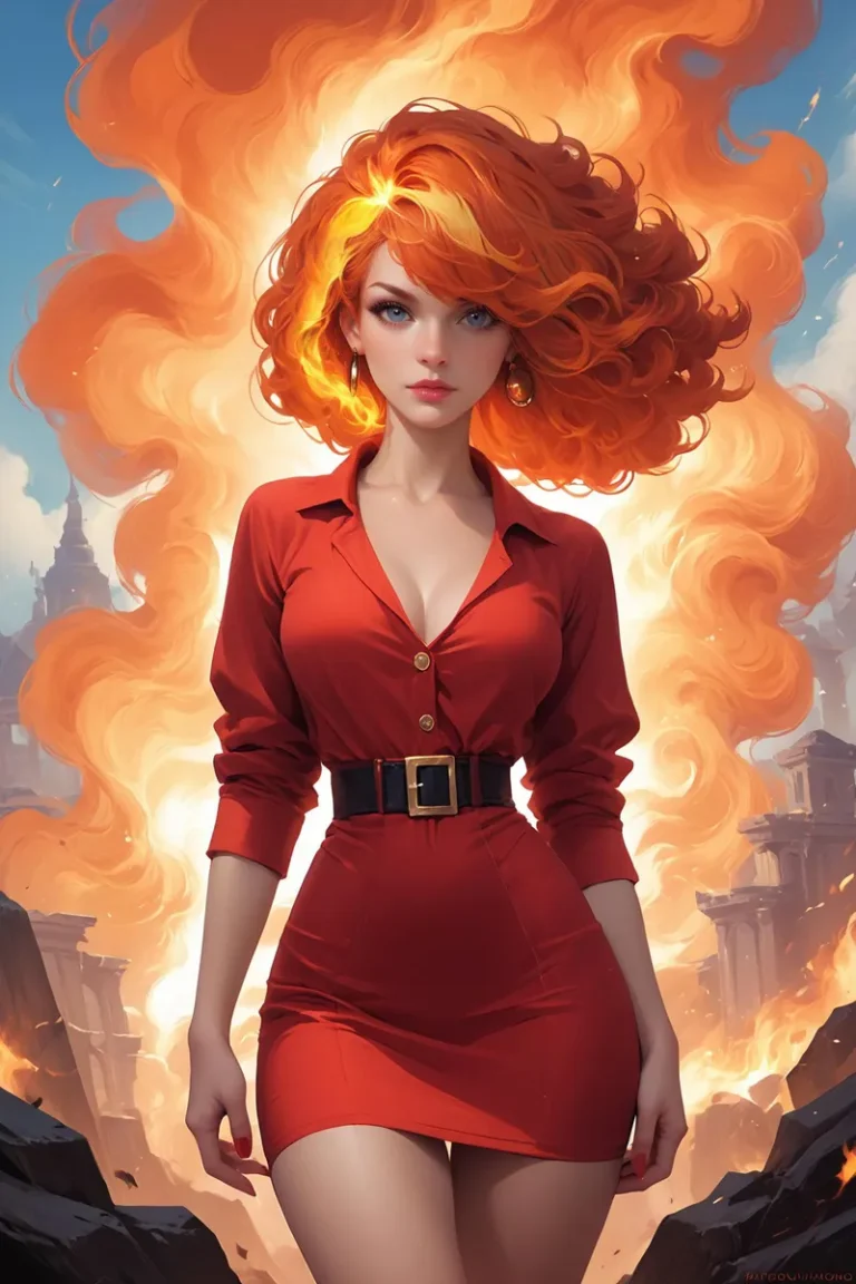 A striking digital art of a woman with fiery hair in a red dress created with Stable Diffusion.
