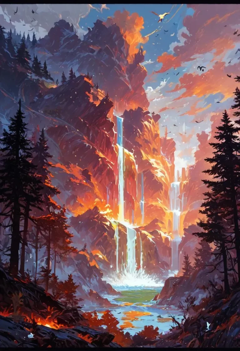 A fantasy landscape featuring tall rocky mountains with fiery elements, cascading waterfalls, and a lush forest. AI generated image using Stable Diffusion.