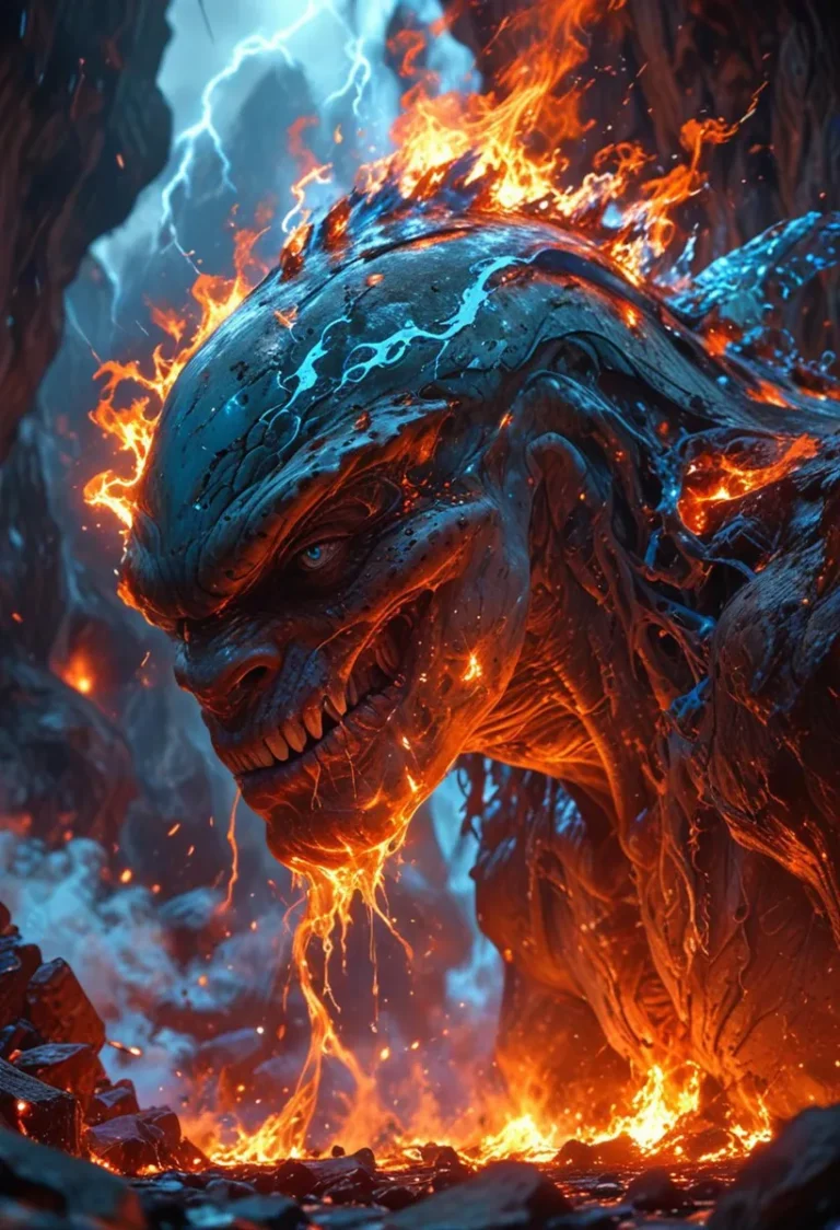 An AI generated image using Stable Diffusion showcasing a monstrous creature with a molten, fiery texture. The monster is emerging from a lava, with flames and sparks flying around, and electric blue accents highlighting its sinister features amidst a dark, rocky environment.