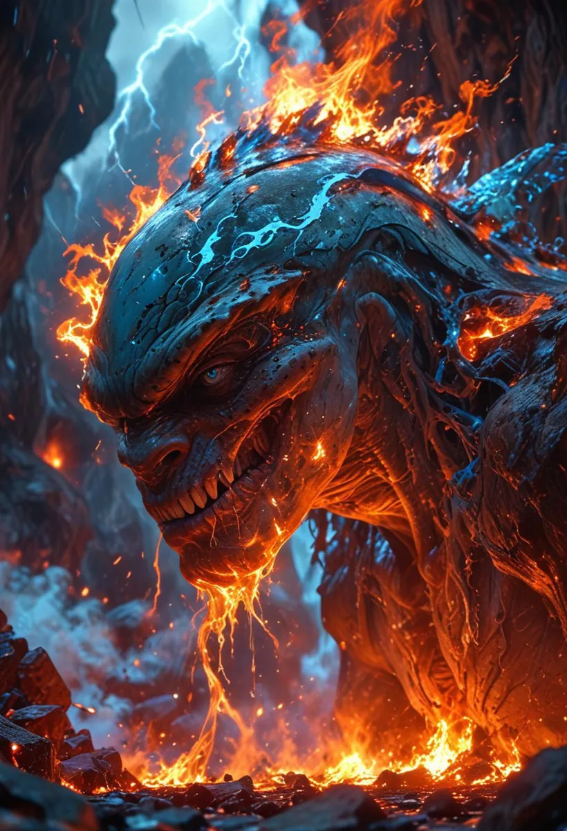 An AI generated image using Stable Diffusion showcasing a monstrous creature with a molten, fiery texture. The monster is emerging from a lava, with flames and sparks flying around, and electric blue accents highlighting its sinister features amidst a dark, rocky environment.