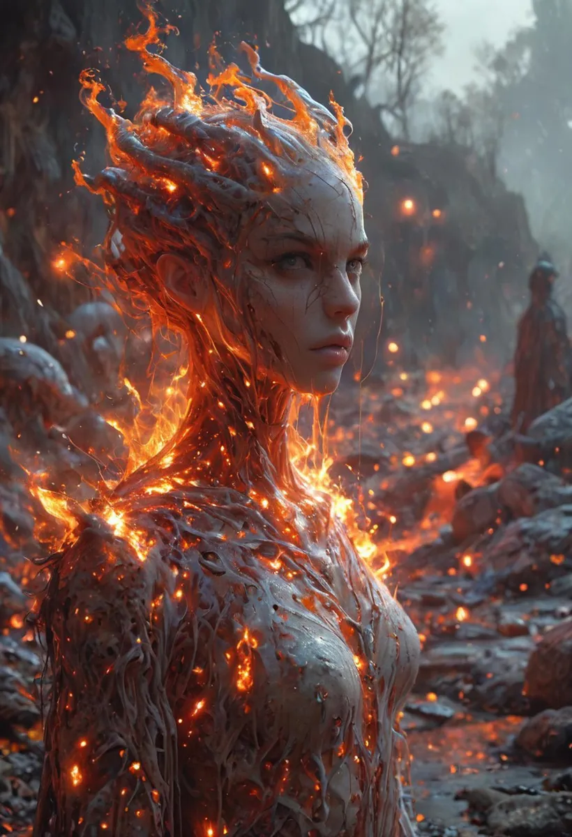 An AI generated image using stable diffusion of a fiery woman with glowing embers and flames integrated into her body standing in a volcanic landscape.