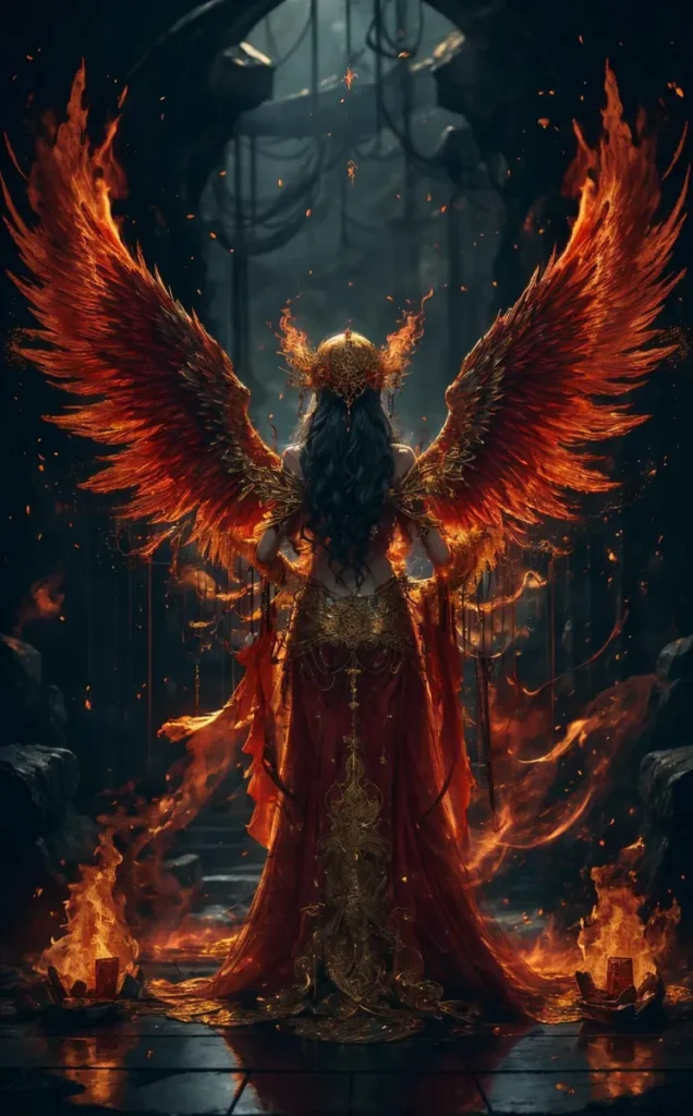 Fantastical angel with large flaming wings in a dark and medieval setting. AI generated image using stable diffusion.
