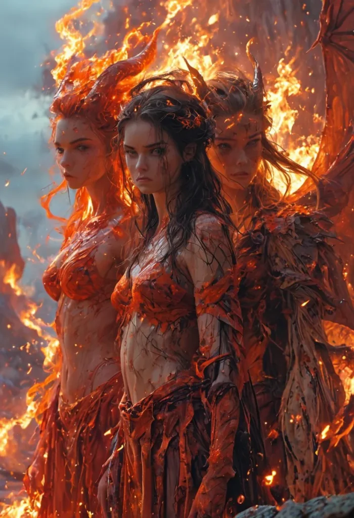 Three fire demons with fiery horns and wings, standing in a burning landscape. Ai generated image using stable diffusion.