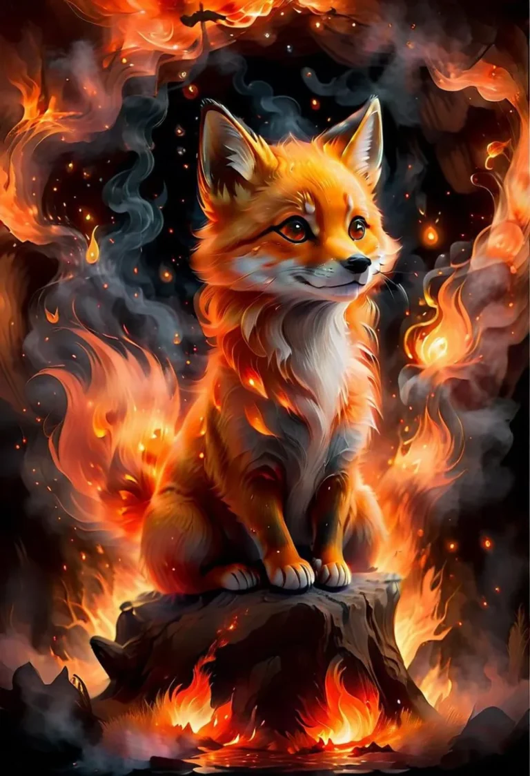 A majestic fox surrounded by intense flames, AI generated image using Stable Diffusion.