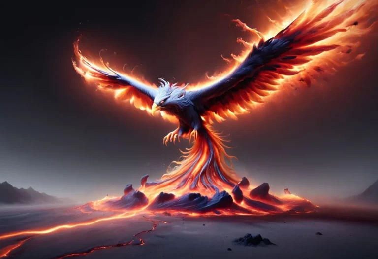 A detailed artistic rendering of a legendary fire phoenix in flight, with vibrant red and orange flames enveloping its wings, rising from a desolate, rocky, and molten landscape, created using Stable Diffusion AI.