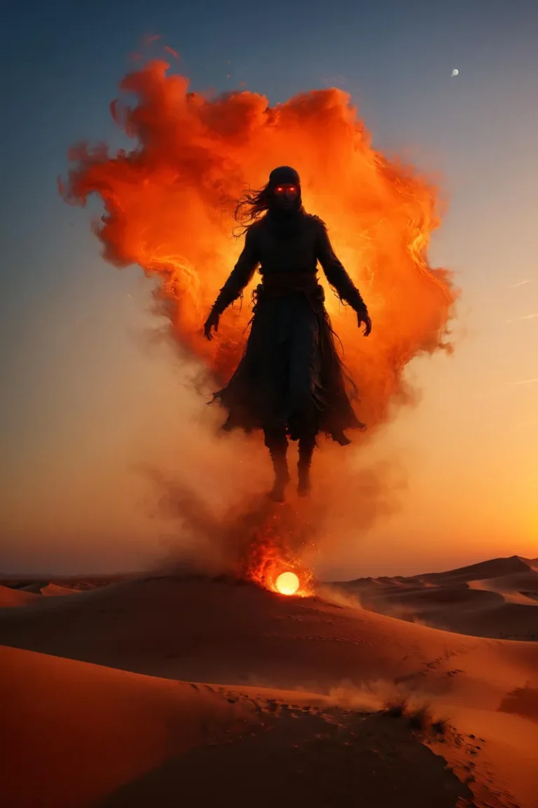 A powerful fire spirit figure with glowing red eyes rises from a fiery explosion in a desert landscape during sunset, AI generated using Stable Diffusion.
