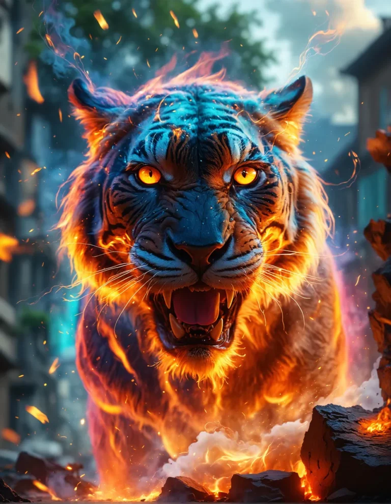 A powerful flaming tiger roaring with intensity, surrounded by vibrant blue and orange flames, created using stable diffusion AI technology.