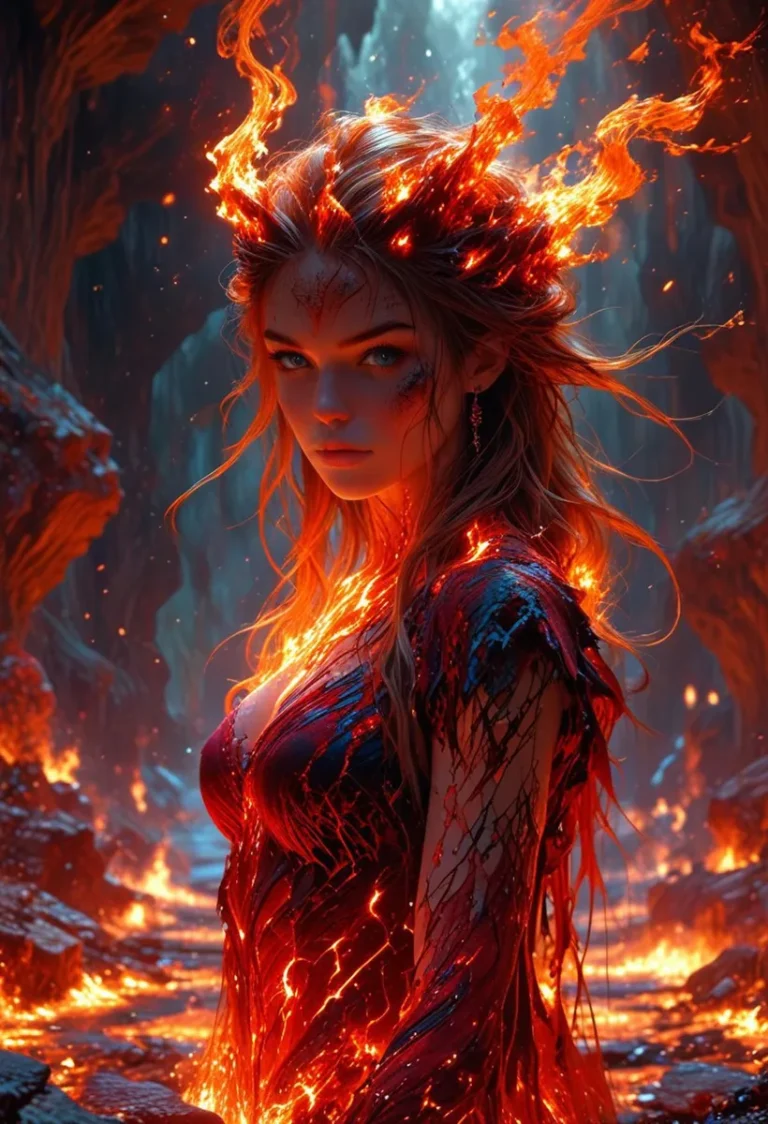 A fantasy portrayal of a woman with fiery hair and a molten dress in a burning cavern, created using Stable Diffusion.