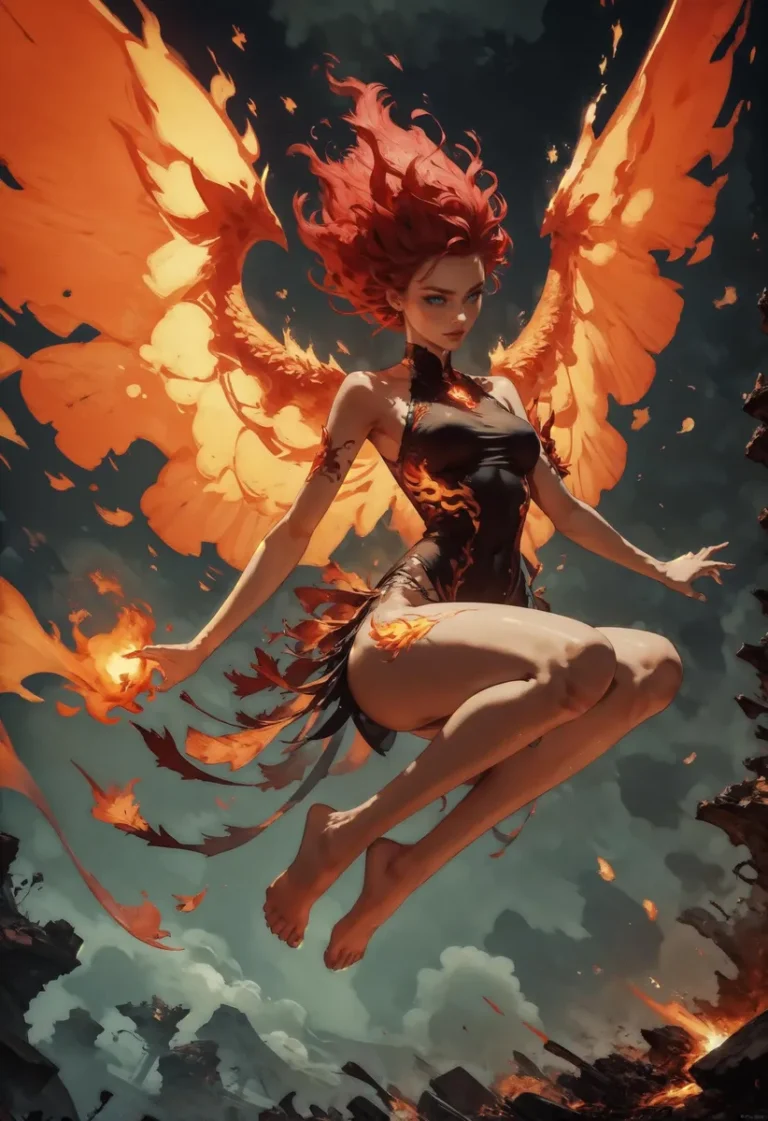 AI generated image of a fire angel with flaming wings and fiery red hair, floating above a fiery landscape using stable diffusion.