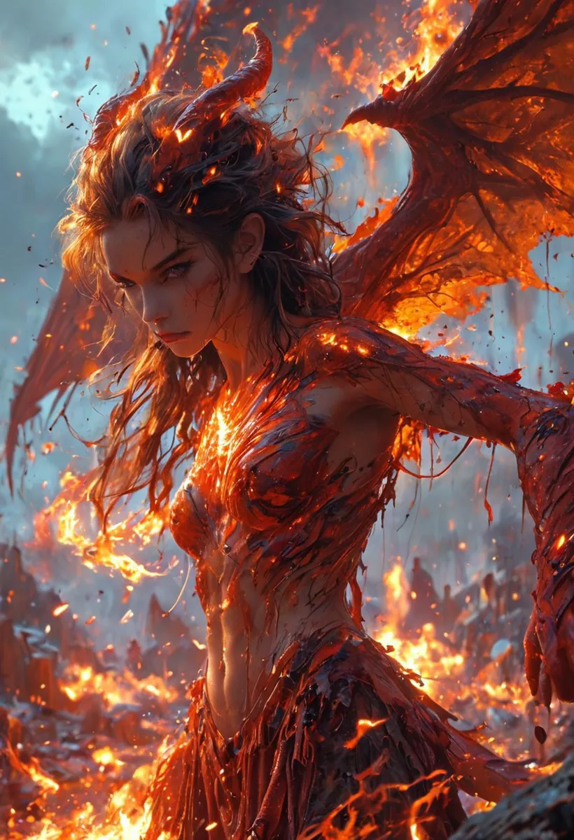 A highly detailed AI generated image from Stable Diffusion of a female fire demon with burning wings in a fiery landscape.