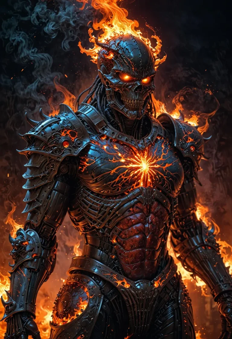A detailed depiction of a fire demon with a flaming skeleton, AI generated image using Stable Diffusion.