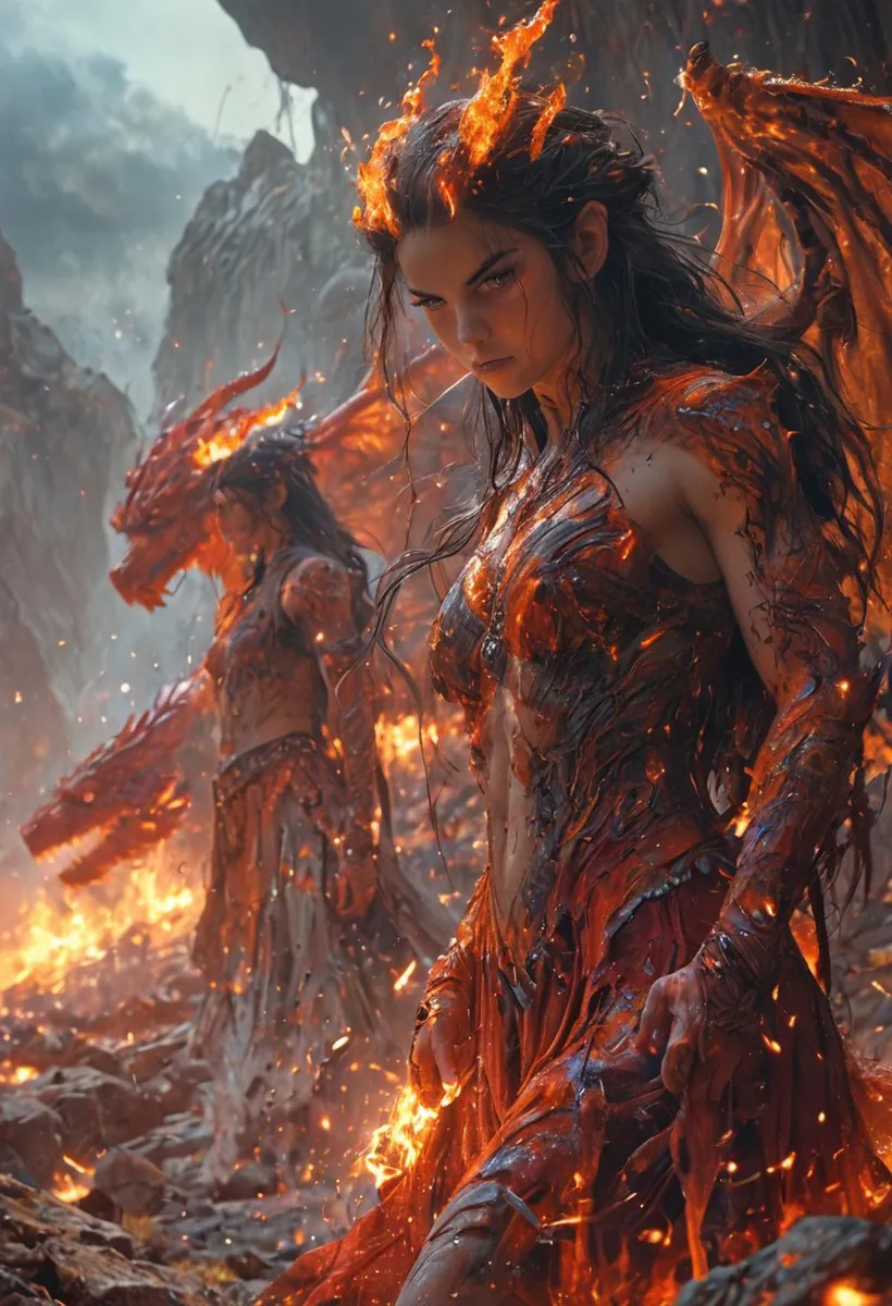 A fantasy depiction of a fire demon female warrior with flaming hair and a fierce expression, created using AI and Stable Diffusion.