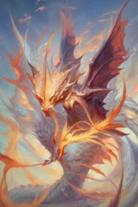 A fantastical fire dragon with blazing wings and ethereal aura, created using AI with Stable Diffusion.