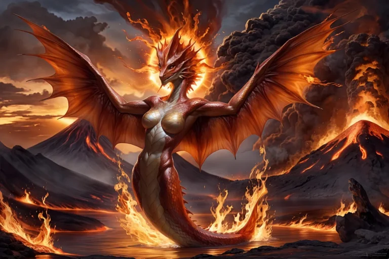 A fire dragon with wings spread wide, emerging from flames in a volcanic scene, created with AI using Stable Diffusion.