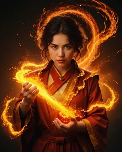 Woman dressed in traditional robes summons fire magic with an intense expression, surrounded by fiery mystical swirls, created using stable diffusion.