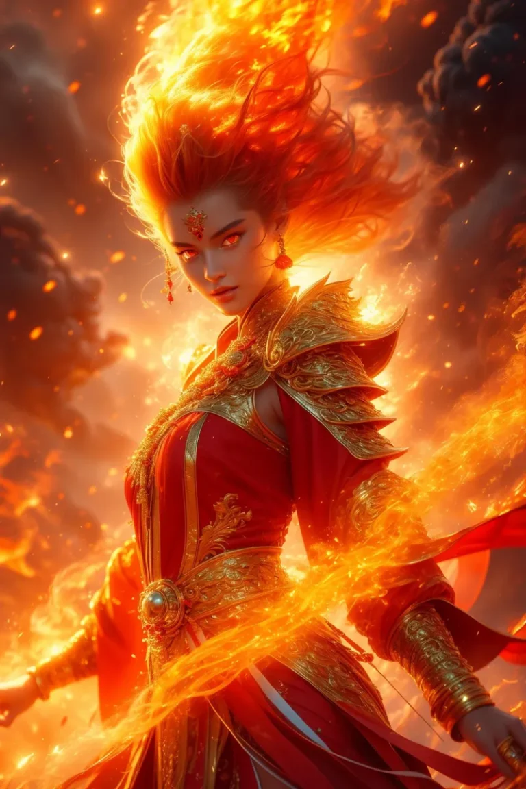 Fantasy art of a fire goddess with flowing fiery hair and glowing eyes, surrounded by flames, AI generated using Stable Diffusion.