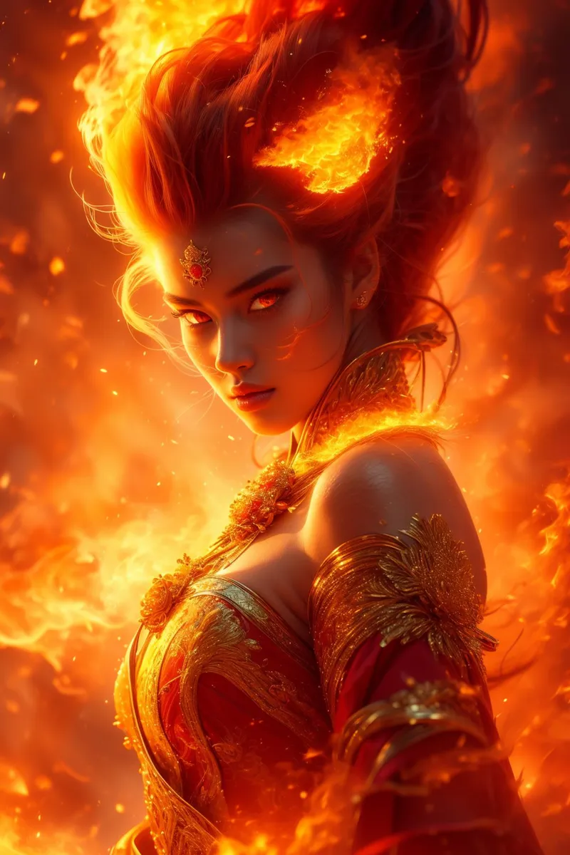 A stunning AI generated image using stable diffusion, depicting a fire goddess with intense flames surrounding her, intricate golden armor, and a fierce look in her eyes.