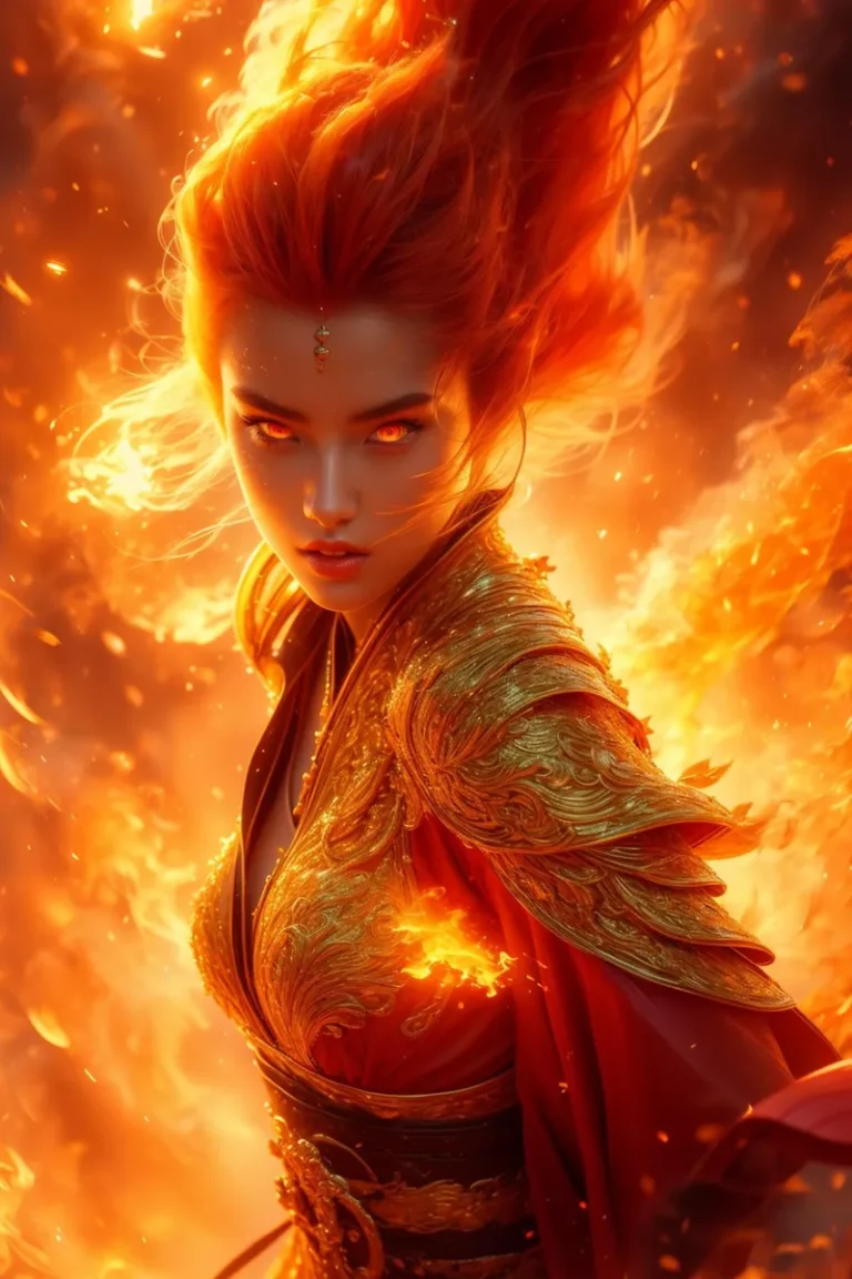 Fiery woman with intense gaze surrounded by flames, dressed in ornate golden armor. AI generated image using stable diffusion.