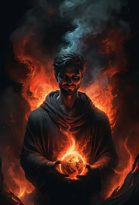 A wizard with a sinister smile holding a flaming Earth with intense fire surrounding him, generated with stable diffusion.