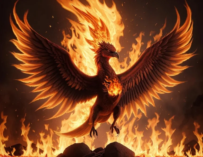 A majestic fire phoenix with its wings spread wide, surrounded by roaring flames. This is an AI generated image using Stable Diffusion.