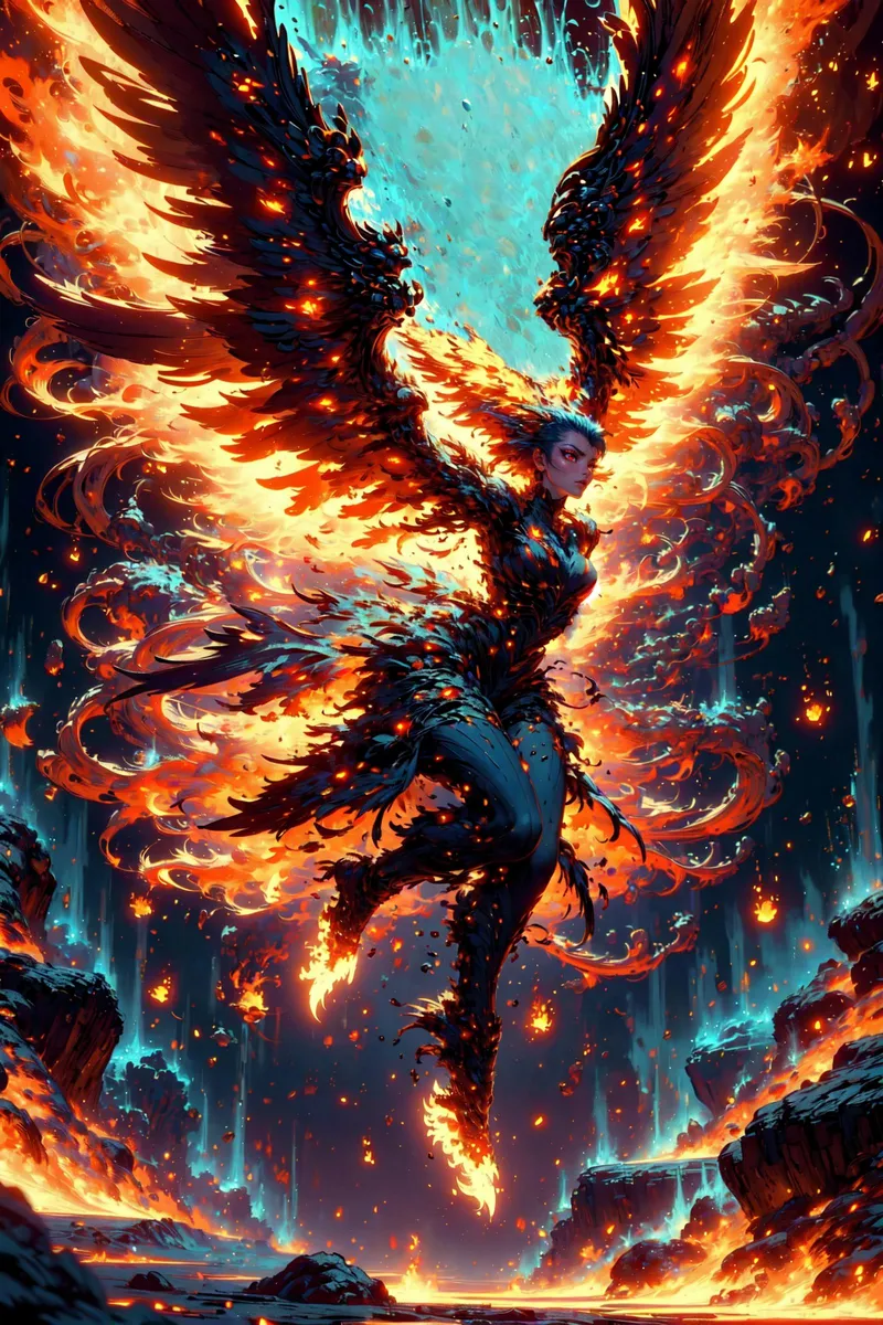 A breathtaking AI generated image using Stable Diffusion features a fire phoenix with expansive, burning wings, soaring in a vividly colored fantasy world.